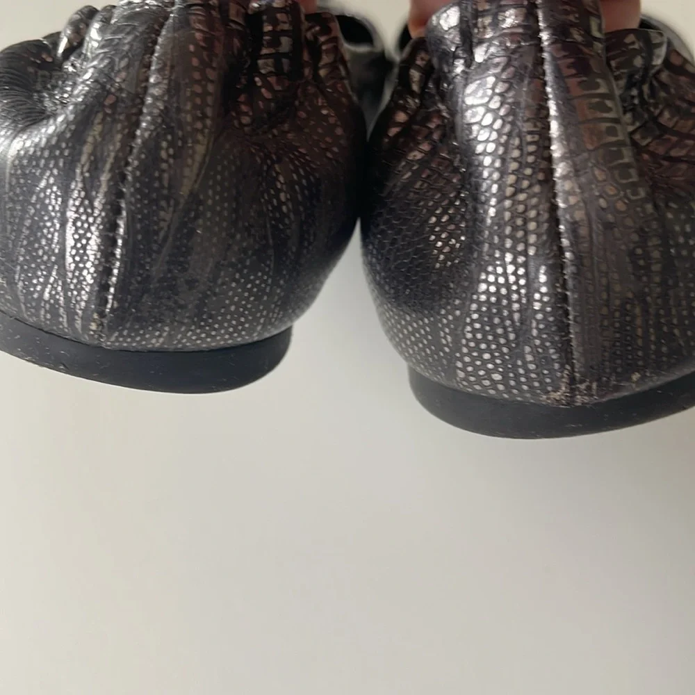 Tory Burch Reva Metallic Black Lizard Embossed Leather Ballet Flat